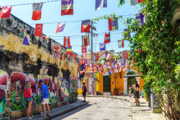 Colorful buildings in Getsemani Neighborhood of Cartagena, Colombia stock photo