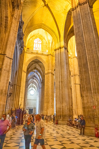 Sevilla, Spain - April 10, 2023: Interior of Seville Cathedral and colums.