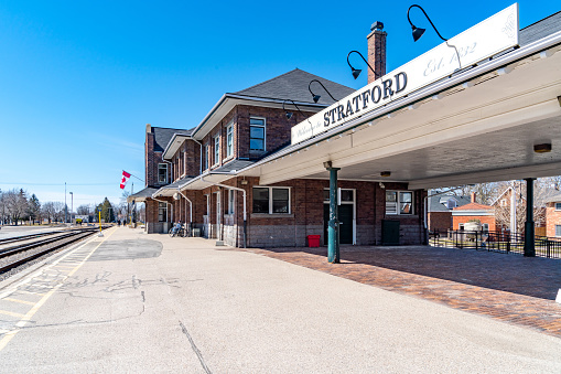 Stratford, Canada - April 2, 2023: The view of train station, Stratford, Canada.