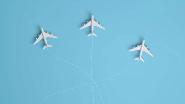 istock Aircraft travelling to different destinations on blue background and trail. 1488243701