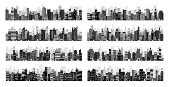 City silhouettes. Cityscape, town skyline, horizontal panorama. Midtown, downtown with various buildings, houses and skyscrapers. Vector illustration.