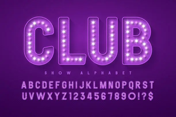 Vector illustration of Retro cinema alphabet design, cabaret, LED lamps letters and numbers.