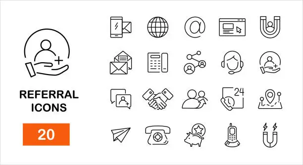 Vector illustration of Referral icons set.Refer friend line icons set. Set of simple Contact us icons for web and mobile app. Connection and communication. Vector illustration