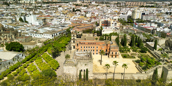 Jerez de la Frontera, Andalusia - April 2023: Aerial view of historic Alcazar of Jerez de la Frontera in southern Spain.
