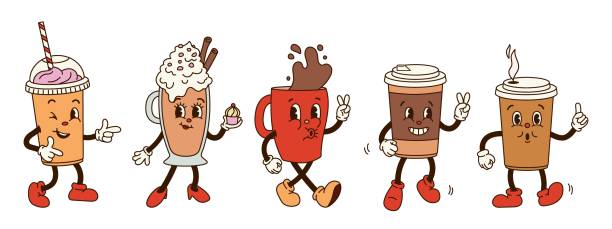 illustrazioni stock, clip art, cartoni animati e icone di tendenza di set tazze caffè groovy - nobody drink hot drink coffee