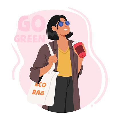 Woman Holding Reusable Bag Made From Sustainable Materials. Female Character Promoting Environmentally-friendly Habits, Green Lifestyle And Reducing Waste. Cartoon People Vector Illustration