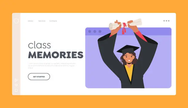 Vector illustration of Class Memories Landing Page Template. Female Character Celebrate Online Graduation Ceremony. Girl Bachelor On Laptop