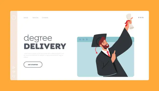 Vector illustration of Degree Delivery Landing Page Template. Online Graduation Ceremony Concept, Bachelor Male Character Holding Diploma