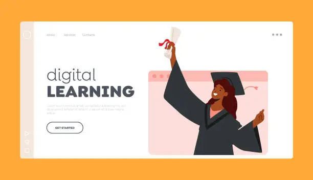 Vector illustration of Digital Learning Landing Page Template. Online Graduation Ceremony With African American Girl Bachelor Character