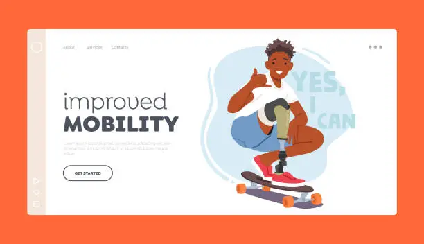 Vector illustration of Improved Mobility Landing Page Template. Young Skateboarder Rides With Leg Prosthesis, Demonstrating His Perseverance