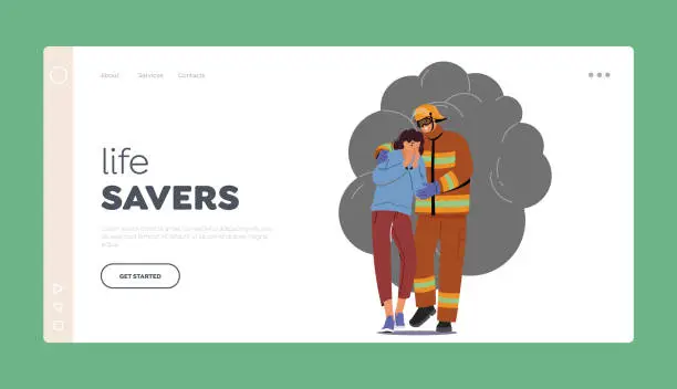 Vector illustration of Life Savers Landing Page Template. Rescuer Male Character Assists Woman To Escape Burning Building Through Thick Smoke