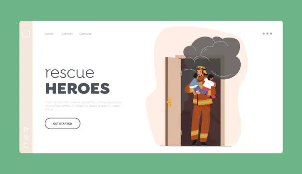 Vector illustration of Rescue Heroes Landing Page Template. Rescuer Male Character Heroically Saves Kids From Burning Building