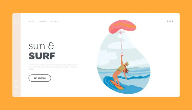 Vector illustration of Wind Surf Landing Page Template. Character Riding Waves And Wind, Kite Surfer Harnesses A Kite To Launch Into The Air