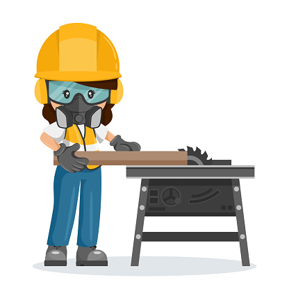 Industrial cabinetmaker or carpenter worker woman in her personal protective equipment using a wood saw. Industrial safety and occupational health at work