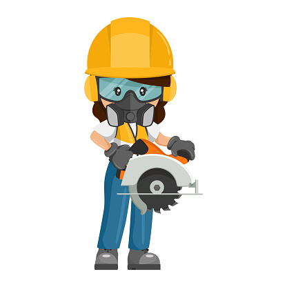 Industrial cabinetmaker or carpenter worker woman in her personal protective equipment using a circular woodcutter. Industrial safety and occupational health at work