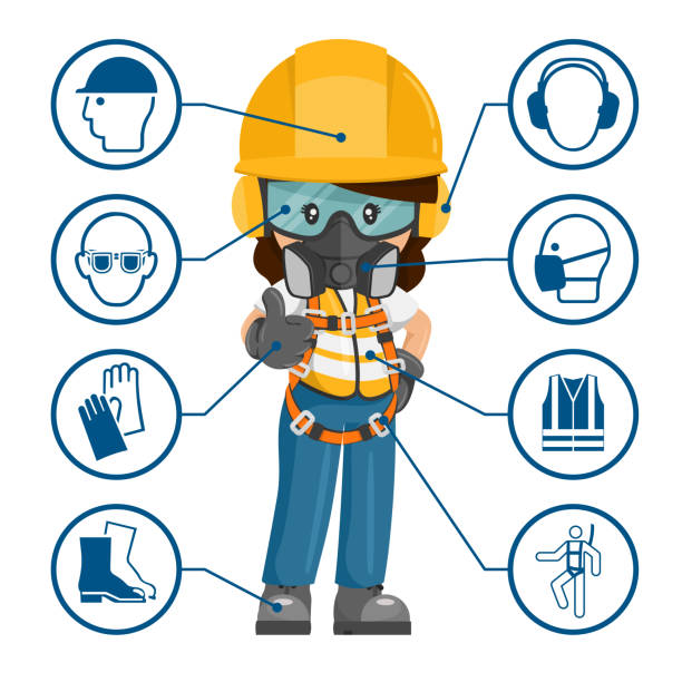 Industrial construction worker woman with personal protective equipment and safety icons, pictograms. Industrial safety and occupational health at work Industrial construction worker woman with personal protective equipment and safety icons, pictograms. Industrial safety and occupational health at work safety equipment stock illustrations