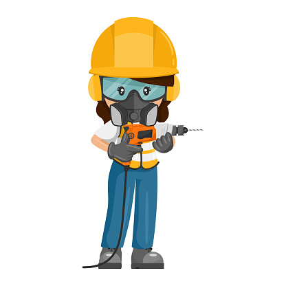 Industrial construction worker woman with personal protective equipment using a drill. Industrial safety and occupational health at work