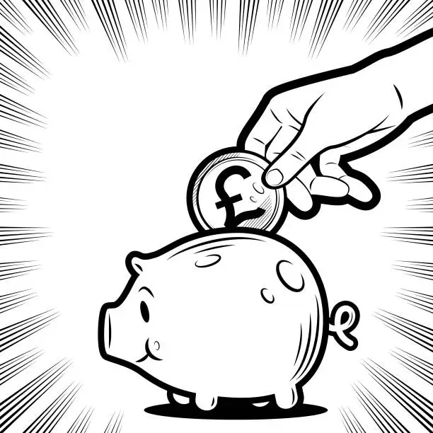 Vector illustration of A hand putting money into a piggy bank in the background with radial manga speed lines
