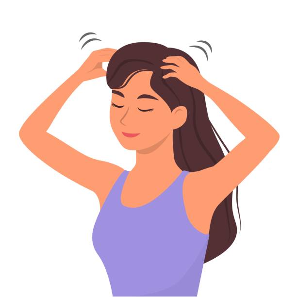 młoda kobieta wykonuje sobie masaż głowy . ilustracja wektorowa - human hair shampoo hair salon design stock illustrations