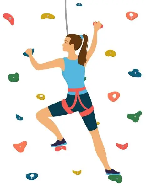 Vector illustration of Woman climbs on a climbing wall in a climbing gym.Vector  cartoon Illustration