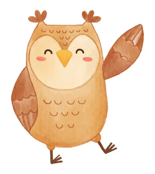 Vector illustration of Owl bird . Watercolor paint design . Cute animal cartoon character . Vector .