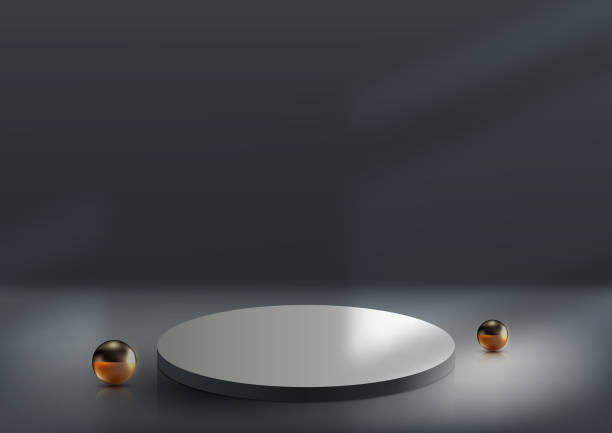 istock 3D realistic modern luxury style white and gray podium decoration with gold balls on black background 1488258640