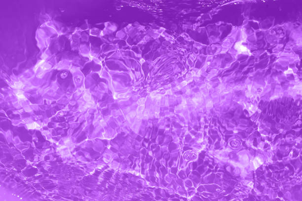 Purple water with ripples on the surface. Defocus blurred transparent blue colored clear calm water surface texture with splashes and bubbles. Water waves with shining pattern texture background.