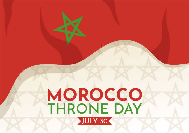 glückliche marokko-thron-vektorillustration mit wehender flagge zur feier des nationalfeiertags am 30. juli handgezeichnete cartoon-landingpage-vorlagen - moroccan flags stock-grafiken, -clipart, -cartoons und -symbole