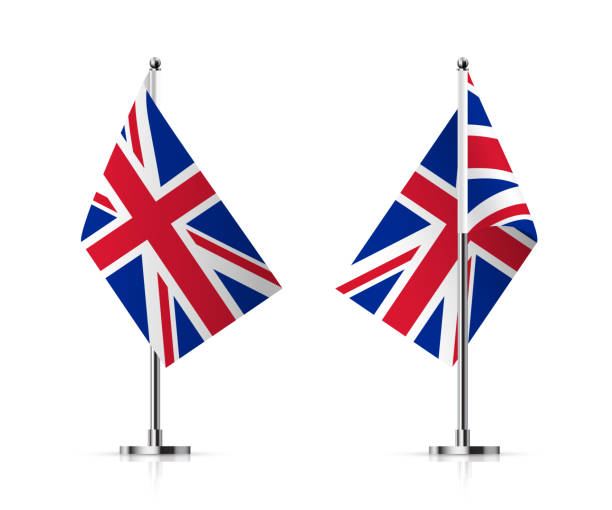 istock Britain flags on poles set, 3D British national symbol on vertical stand, UK flagpole 1488262733