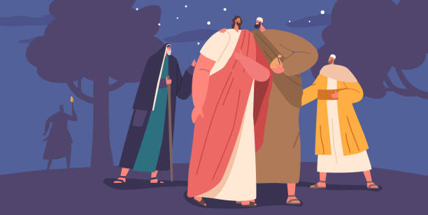 신뢰할 수 있는 친구의 배신, 가룟 유다의 악명 높은 행위 가룟이 겟세마네 동산에서 예수 키스하는 행위, 삽화 - garden of gethsemane stock illustrations