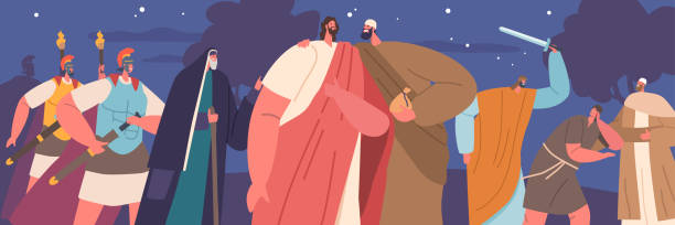 ilustrações de stock, clip art, desenhos animados e ícones de betrayal scene of jesus. judas iscariot identifies jesus to soldiers with a kiss in exchange for thirty pieces of silver - thirty pieces of silver