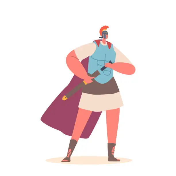 Vector illustration of Roman Soldier Character. Trained Fighter In Sandals And Helmet, Armed With Sword, Fiercely Loyal To The Empire