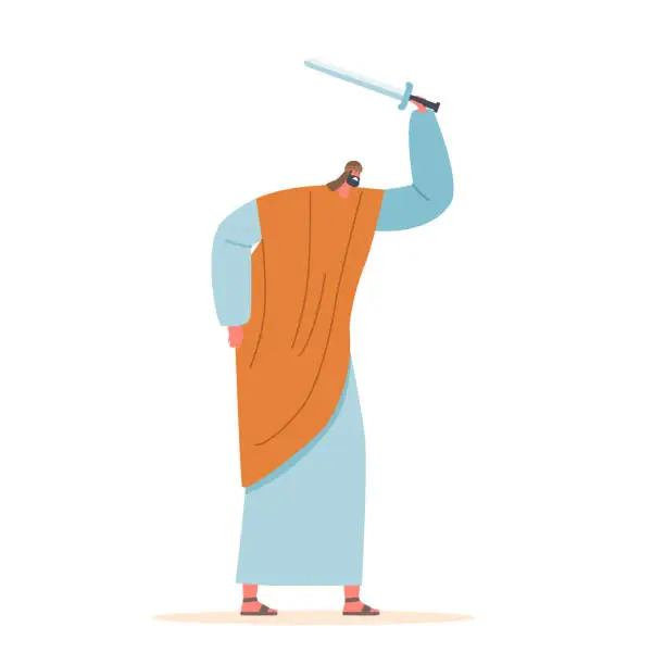 Vector illustration of Ancient Israelite Man Stands Wielding Sword, Dressed In Traditional Clothing, Ready For Battle Or Defense