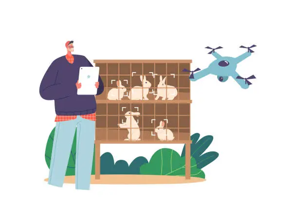 Vector illustration of Farmer Male Character Use Tablet To Control Drone To Monitor Rabbit Cages. Efficient Livestock Management