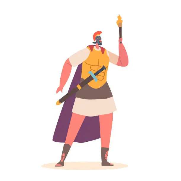 Vector illustration of Roman Soldier Character Holds A Torch In Hand Ready To March Through The Dark. The Torch Provides Light