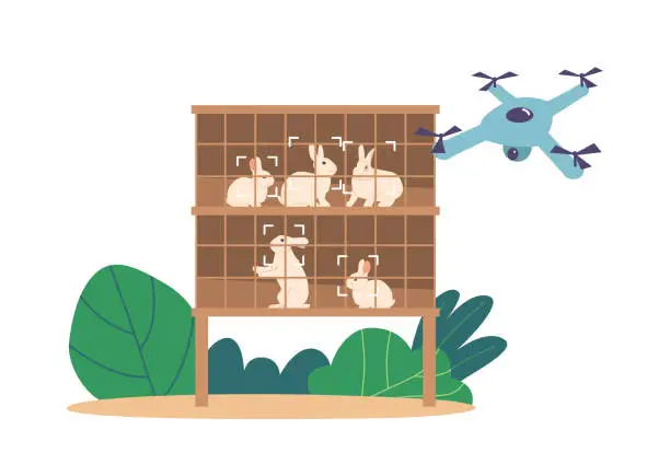 Vector illustration of Rabbits Confined In Livestock With Remote Drone Control, Enabling Precision Management And Reducing Human Contact