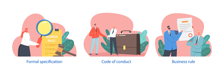 Set Business Rules Are Guidelines That Define Acceptable Behaviors And Actions Within An Organization. They Ensure Consistency, Compliance, And Efficiency. Cartoon People Vector Illustration