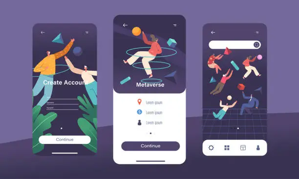 Vector illustration of Metaverse Mobile App Page Onboard Screen Template. Augmented Reality Concept. Characters Wear Vr Glasses