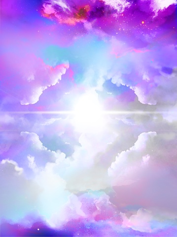 This vertical-size landscape illustration depicts the entrance to a beautiful and divinely glorious heaven surrounded by rainbow-colored clouds.