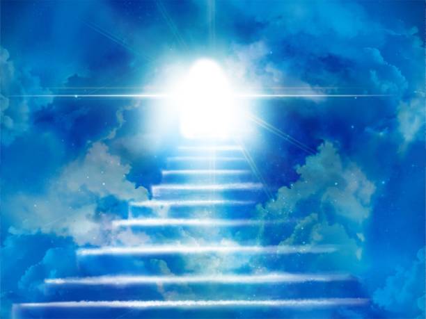 istock Illustration of a mysterious cloud staircase leading to the heavens and divine light shining from the heavens 1488264393