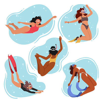 Set of Women Diving in Bikini and Swimsuits. Female Characters Enjoying The Sea And Exploring Marine Life, Feeling Freedom Of Movement And Refreshing of Ocean Water. Cartoon People Vector Illustration