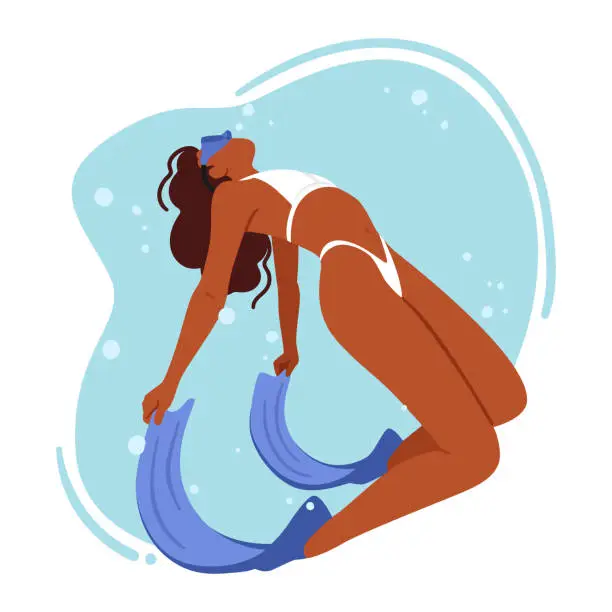 Vector illustration of Woman Wearing Bikini Diving. Swimmer Female Character Propels Through Water With Powerful Strokes, Arches Back