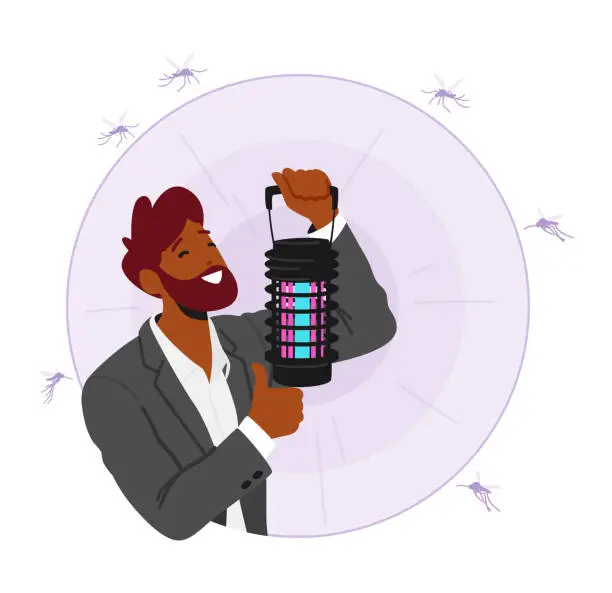 Vector illustration of Man Uses Mosquito Lamp To Repel Mosquitoes And Other Insects. It Emits Uv Light To Attract Insects And An Electric Grid