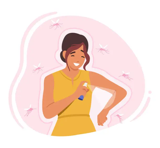 Vector illustration of Woman Sprays Mosquito Repellent To Ward Off Insects, Keeping Them Safe From Bites And Potential Diseases, Illustration