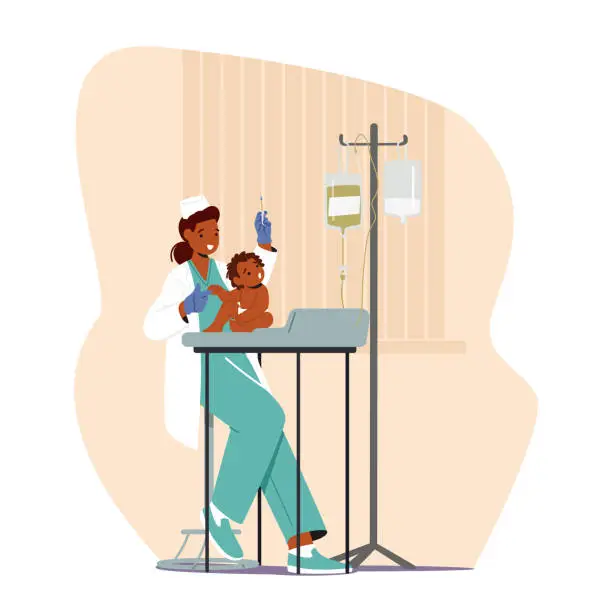 Vector illustration of Pediatrician Female Character Prepares Medicine And Syringe, Calms Baby, Sterilizes The Injection Site, Illustration