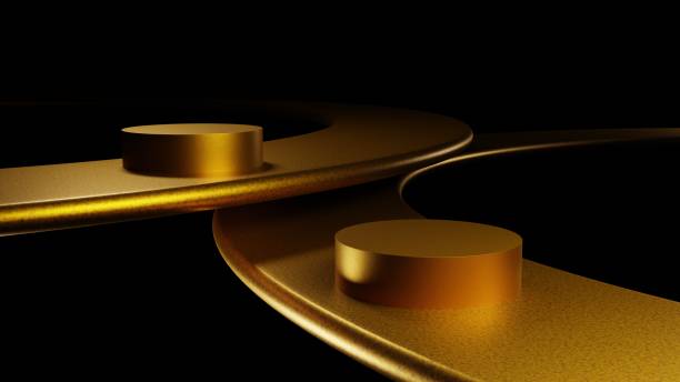 istock Golden empty platform for product showcase, gold ring pedestal display, Blank stand 3d rendering 1488267354