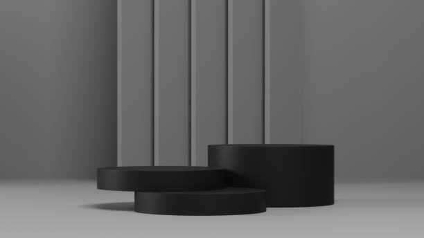 istock gray monochrome background with Black pedestal or podium mockup, empty platform for product showcase and presentation, 3d rendering 1488267430