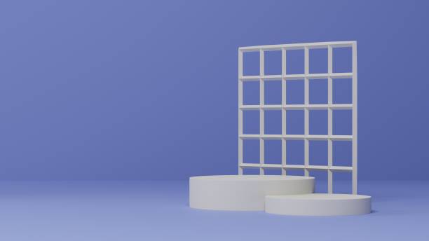 istock blue background with white geometry pedestal or podium mockup, empty platform for product showcase and presentation, 3d rendering 1488267483