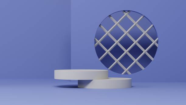 istock blue background with white geometry pedestal or podium mockup, empty platform for product showcase and presentation, 3d rendering 1488267546