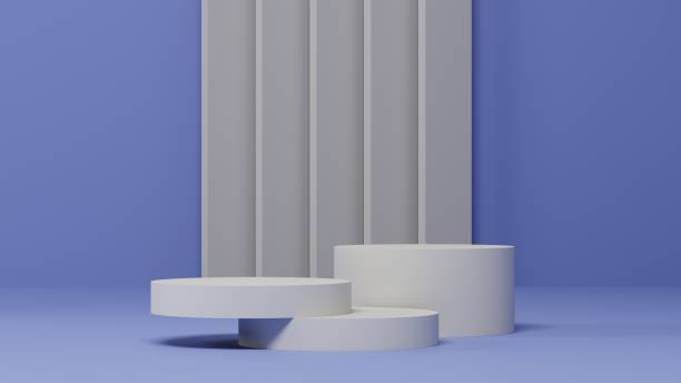 istock blue background with white geometry pedestal or podium mockup, empty platform for product showcase and presentation, 3d rendering 1488267562
